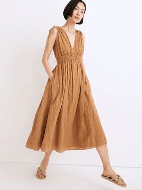Sophia Smocked Midi Dress in Windowpane - Sahara Sand